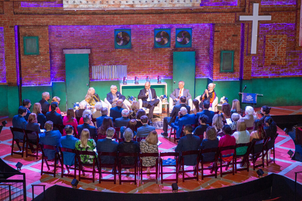 Guests enjoy a moderated conversation with award recipients at the Alley Theatre Award for Lifetime Achievement dinner.