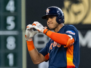 Houston Astros shortstop Jeremy Pena's heart sign is one of the great symbols of this Astros run. (Photo by F. Carter Smith)