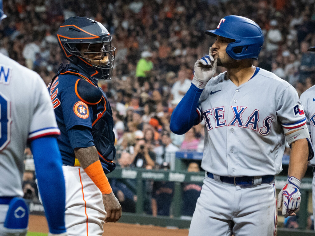 Houston Astros catcher Martin Maldonado and Rangers second baseman Marcus Semien don't exactly get along. Semien once memorably told Maldonado to hush. (Photo by F. Carter Smith)