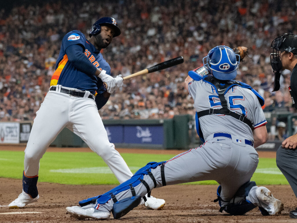 The Texas Rangers know they need to keep Yordan Alvarez off balance. (Photo by F. Carter Smith)