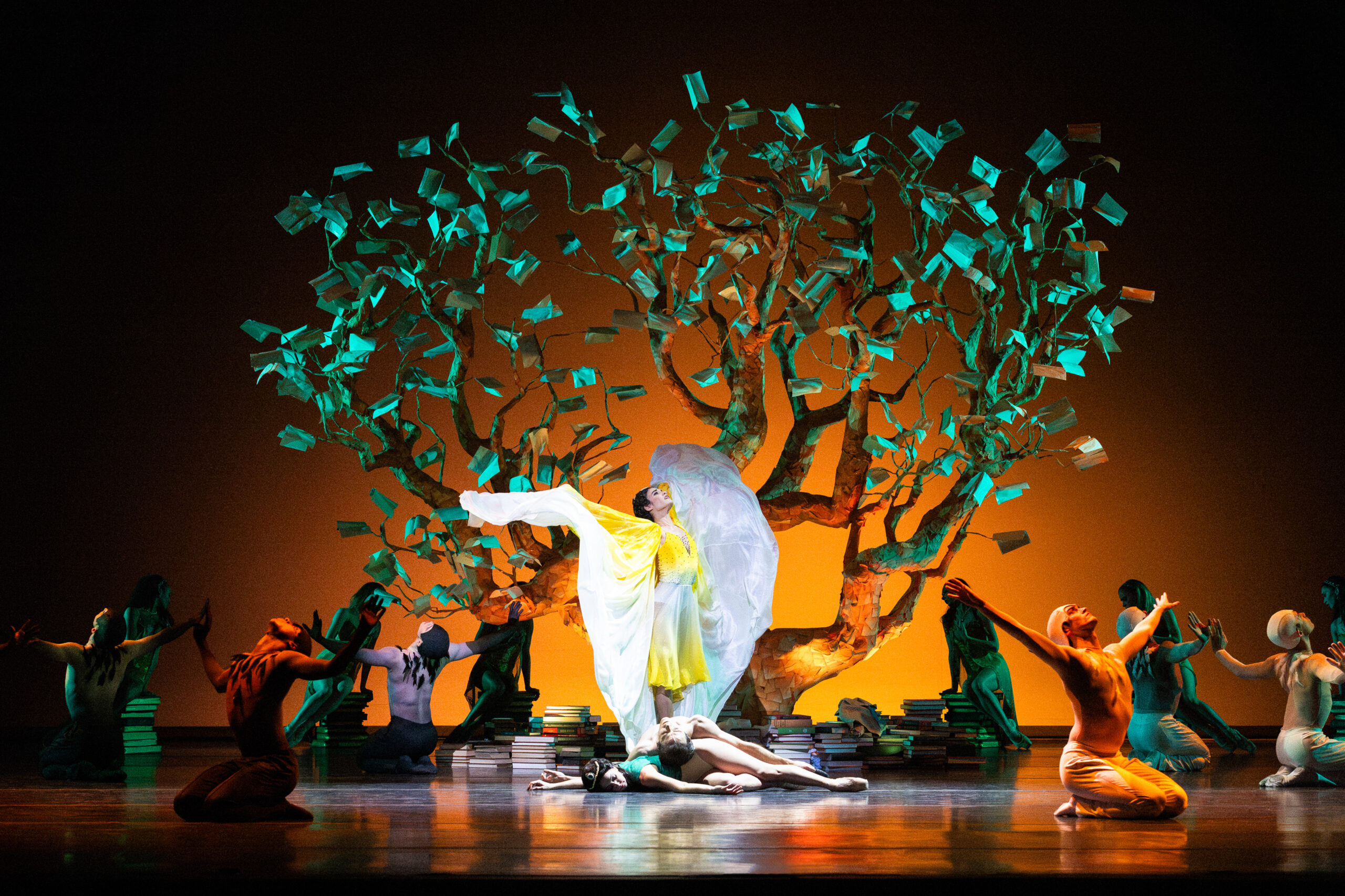 Houston Ballet demi soloist Estheysis Menendez, principals Melody Mennite as Delmira and Connor Walsh as Enrique Reyes with artists of Houston Ballet in Annabelle Lopez Ochoa’s "Delmira." (Photo by Lawrence Elizabeth Knox. Courtesy of Houston Ballet)