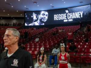 University of Houston head coach Kelvin Sampson visited with Drew Richards, head coach of the UNC Pembroke Braves, his alma mater, before an exhibition contest