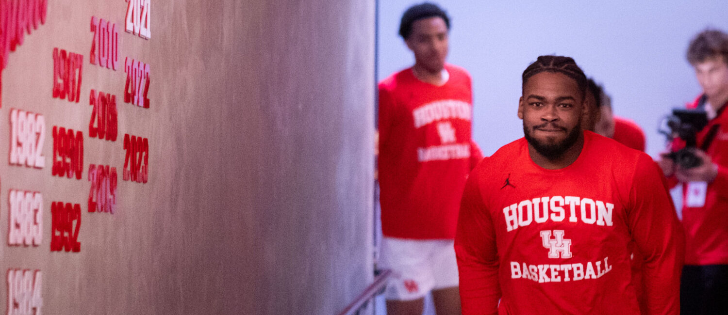 University of Houston head coach Kelvin Sampson visited with Drew Richards, head coach of the UNC Pembroke Braves, his alma mater, before an exhibition contest