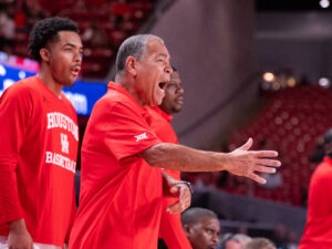 University of Houston head coach Kelvin Sampson visited with Drew Richards, head coach of the UNC Pembroke Braves, his alma mater, before an exhibition contest