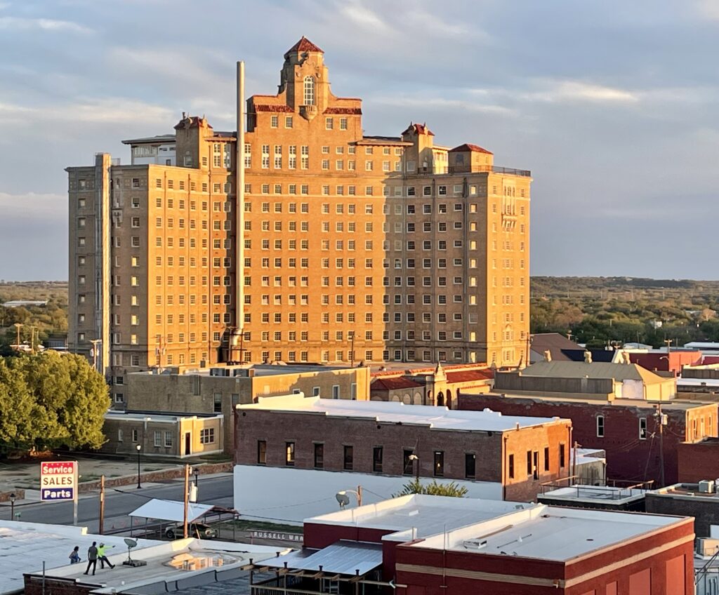 The Baker Hotel remains one of Mineral Wells crown jewels. Viewed from the rooftop deck at the Crazy Water Hotel. (Photo by Courtney Dabney)