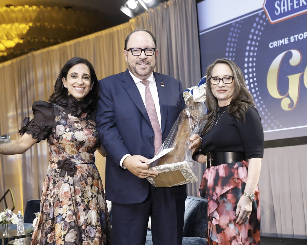 Crime Stoppers CEO Rania Mankarious; honoree Bob Unanue, president & CEO of Goya Foods; chair Jennifer Hohman at the Crime Stoppers 'Leading the Way to a Safer Houston' dinner (Photo by Quy Tran)
