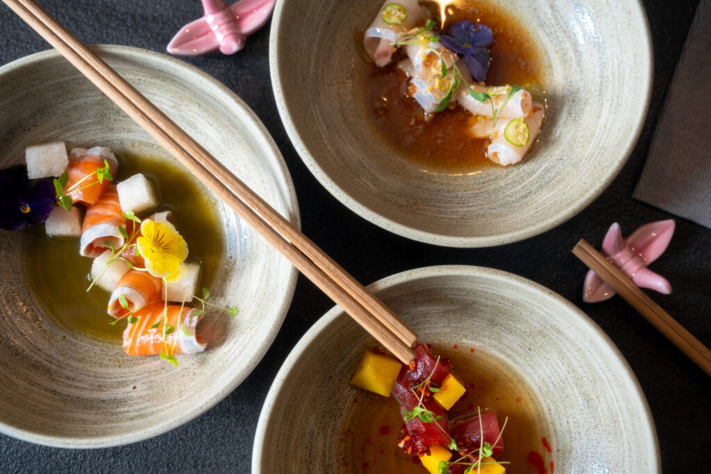 Start with a crudo, either salmon or Hamachi ($13 each). Or perhaps try my favorite light bite, “steak and eggs” ($23), Norigami's version of steak tartar. (Photo by Michael Anthony)