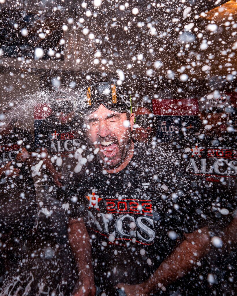 Justin Verlander found himself in the center of the bottle popping fun after the Astros eliminated the Twins. (@HoustonAstros)