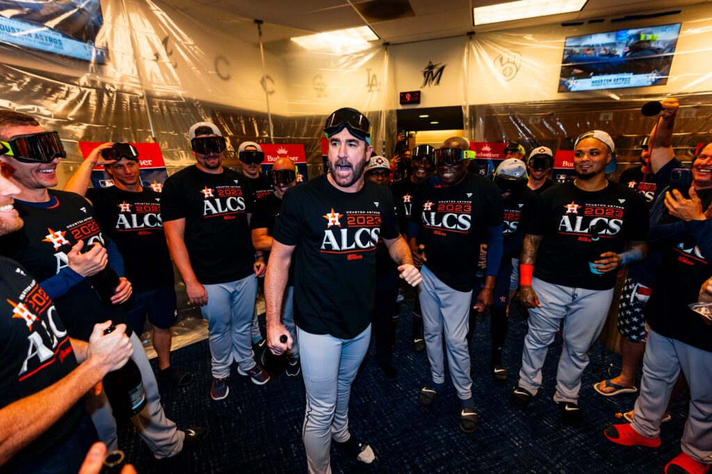 Astros ace Justin Verlander delivered another epic postgame speech after the Astros beat the Twins to advance to their seventh straight American League Championship Series. (@HoustonAstros)