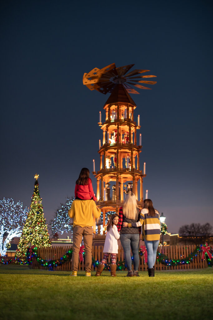 At the center of town, visitors can find an authentic 26-foot tall German Christmas Pyramid that has moving wooden figures and a spinning windmill, as well as a 30-foot community Christmas tree.