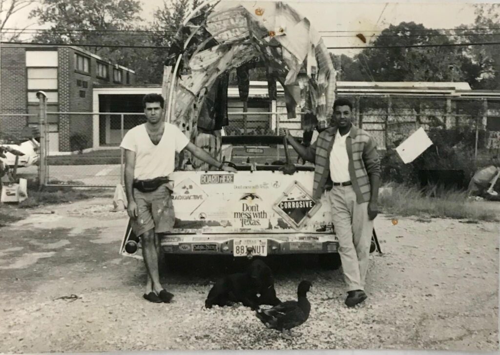 Artists Nestor Topchy, creator of HIVE, and Rick Lowe, a co-founder of Project Row Houses who is now a professor of Art at the University of Houston, have been friends and occasionally collaborators since the '80s. They are pictured here with a duck named Meaux. (Courtesy Nestor Topchy)