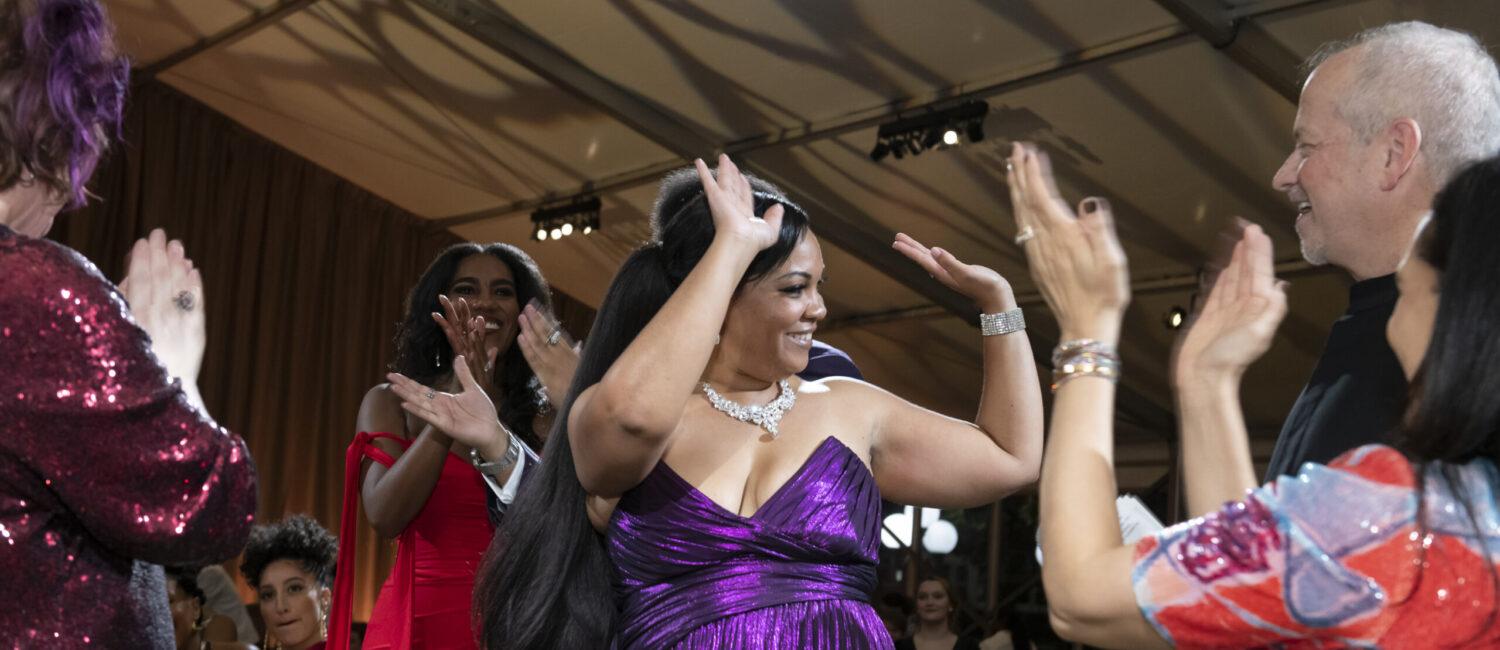 Soprano Janai Brugger celebrates at the  black-tie dinner following Houston Grand Opera world premiere of ‘Intelligence’ in which she starred.
