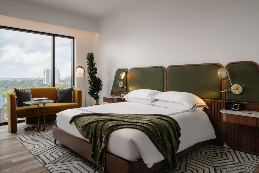 King rooms in the Thompson Houston reflect the urban resort environment that defines the soon-to-open 172-room property. (Photo by Thompson Houston)