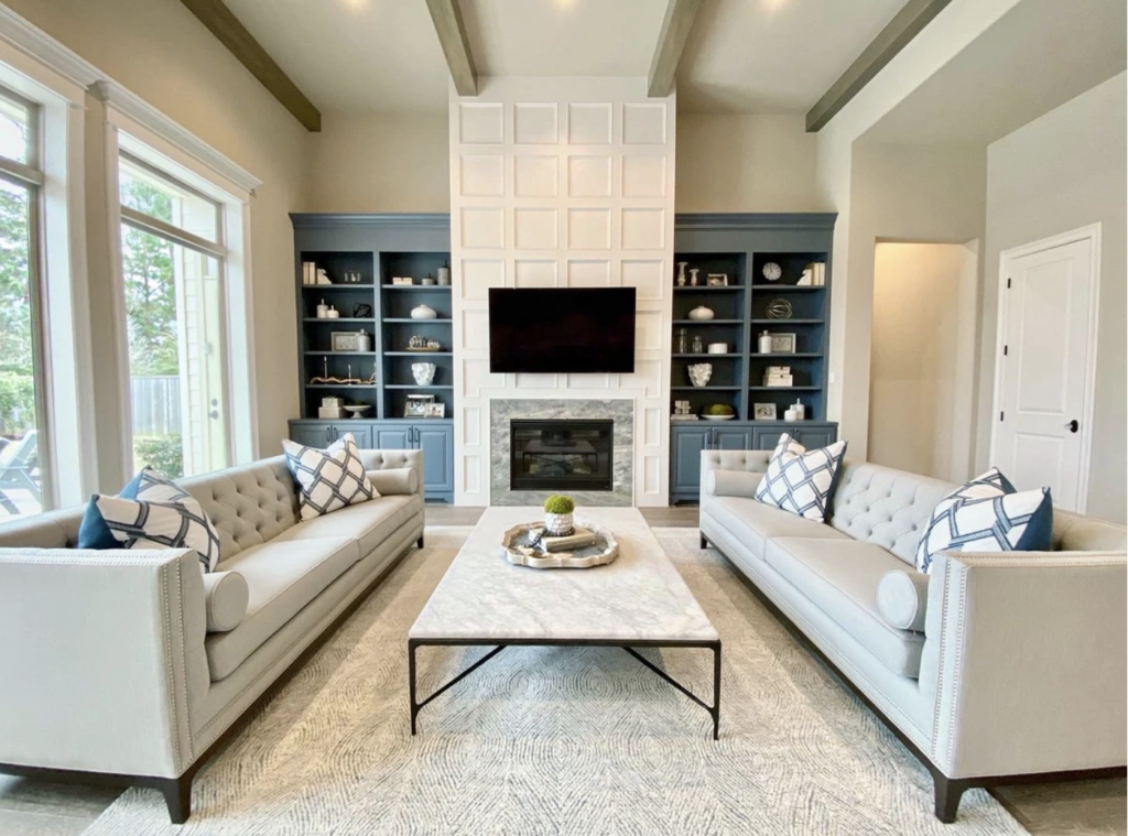 Beautiful built-ins pop with a spot of color amid textured neutrals is part of Woodlands Style House’s work. (Photo by Nicole Oman)