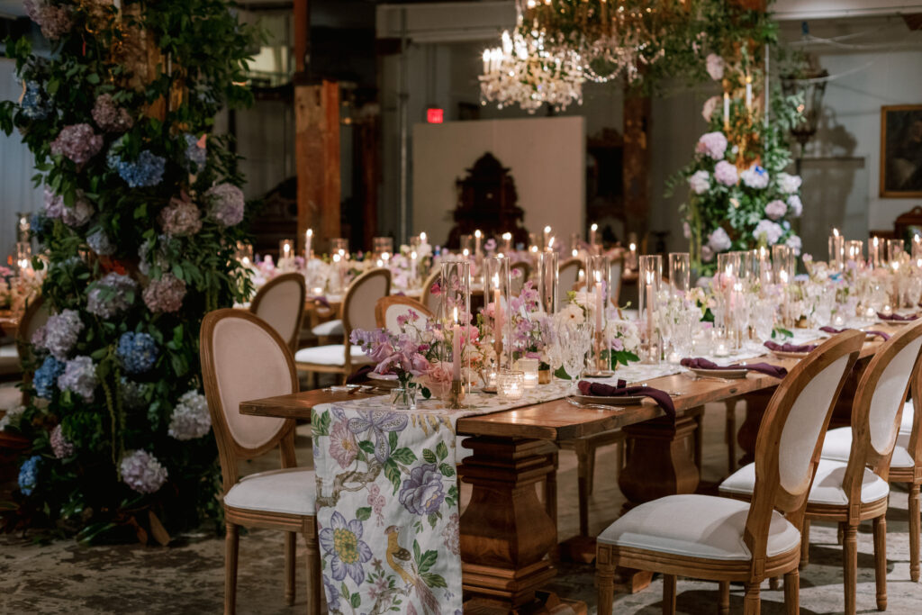 Runners on the dinner tables at the New Orleans Auction Galleries were from designer Timothy Corrigan's collection of fabric designs.