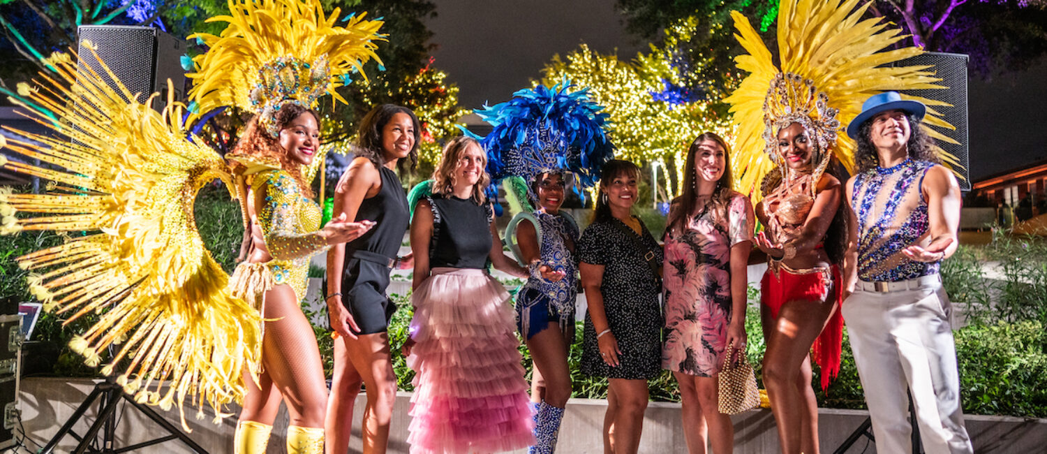 Pam Brooks, Brooke Bailey, Christina Eubanks and Andrea Cheek with Samba Dancers from United Dance Academy