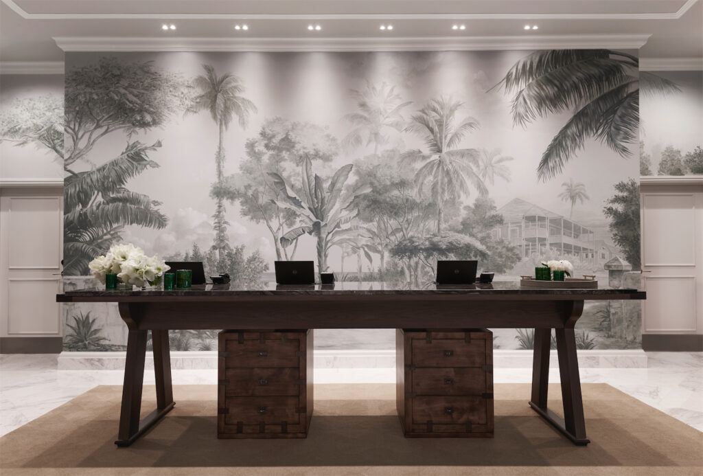 The hand painted murals in the reception areas of Rosewood Baha Mar celebrate the notion of traditional Bahamian culture, inspired by a famous John Hussey painting.