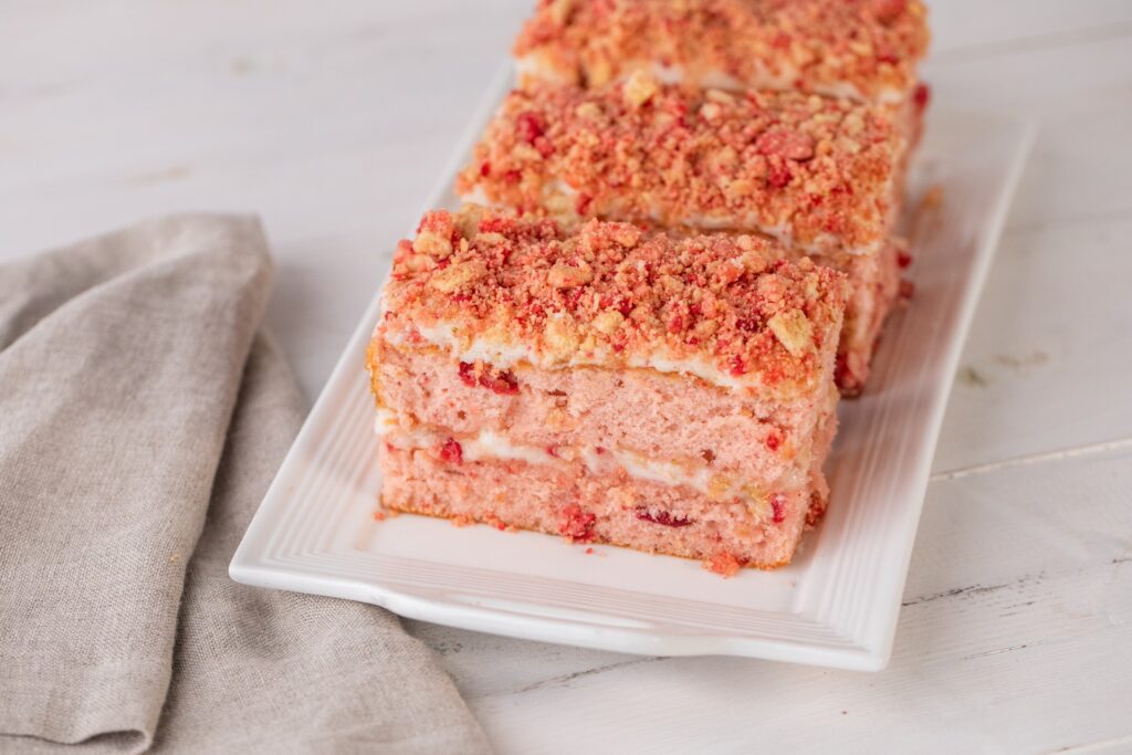 Strawberry cake lovers check out the strawberry crunch slab slice at Dessert Gallery. Made with cream cheese icing and strawberry cake it's topped with crunchy golden Oreo cookie crumbs and freeze-dried strawberries. (Photo by Becca Wright)