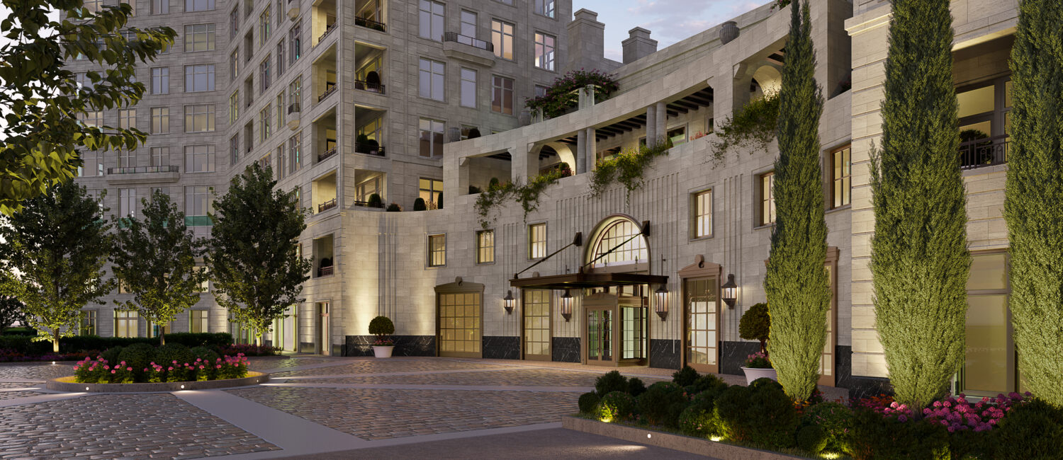 Looking at the first rendering for the motor court at the new Ritz-Carlton residences in The Woodlands. (Courtesy of Howard Hughes)