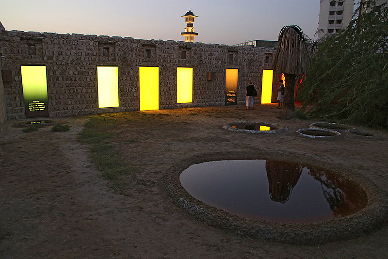 Artist Otobong Nkanga's work has appeared at the Sharjah Biennial three times. Artists Otobong Nkanga and Emeka Ogboh were awarded the Sharjah Biennial 14 Prize for this multi-channel sound installation, poetry and light installation work, featured during the Sharjah Biennial 2019. (Photo by Haupt and Binder. Courtesy Sharjah Art Foundation)
