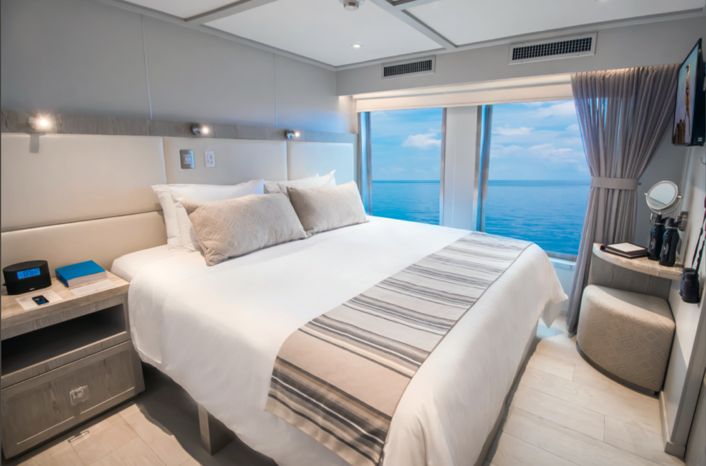 Each Ecoventura exploration yacht has ten premium cabins that foster a sense of connectivity with the islands with sweeping, panoramic views from large windows.