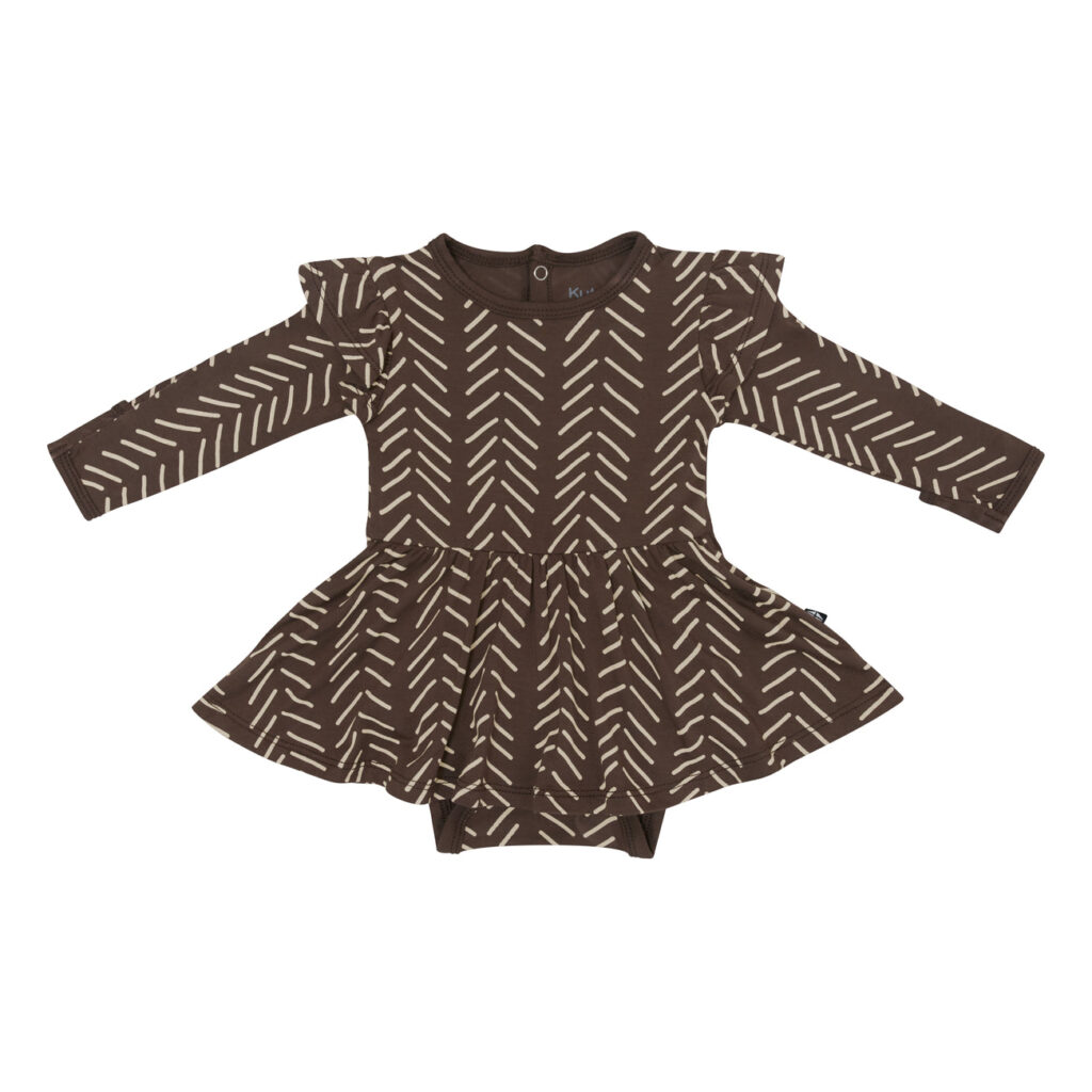 Long Sleeve Twirl Bodysuit Dress in Espresso Herringbone, $39.
