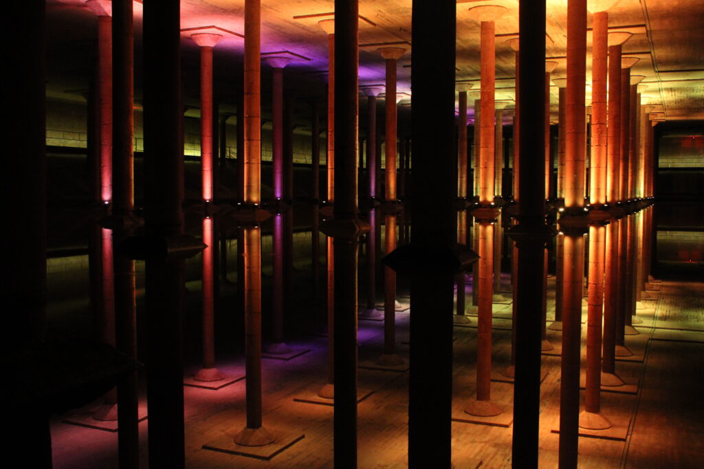 Some of the multi-color changing lights you'll see inside the new exhibit, Cistern Illuminated.  (Photo by Courtesy of Buffalo Bayou Partnership.)