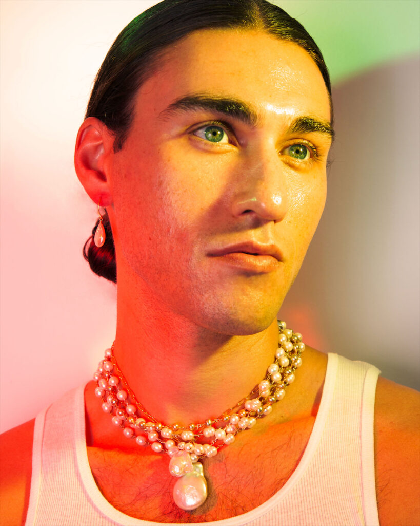 Presley Oldham wearing his eponymous jewelry line's Winter 2023 collection. (courtesy)