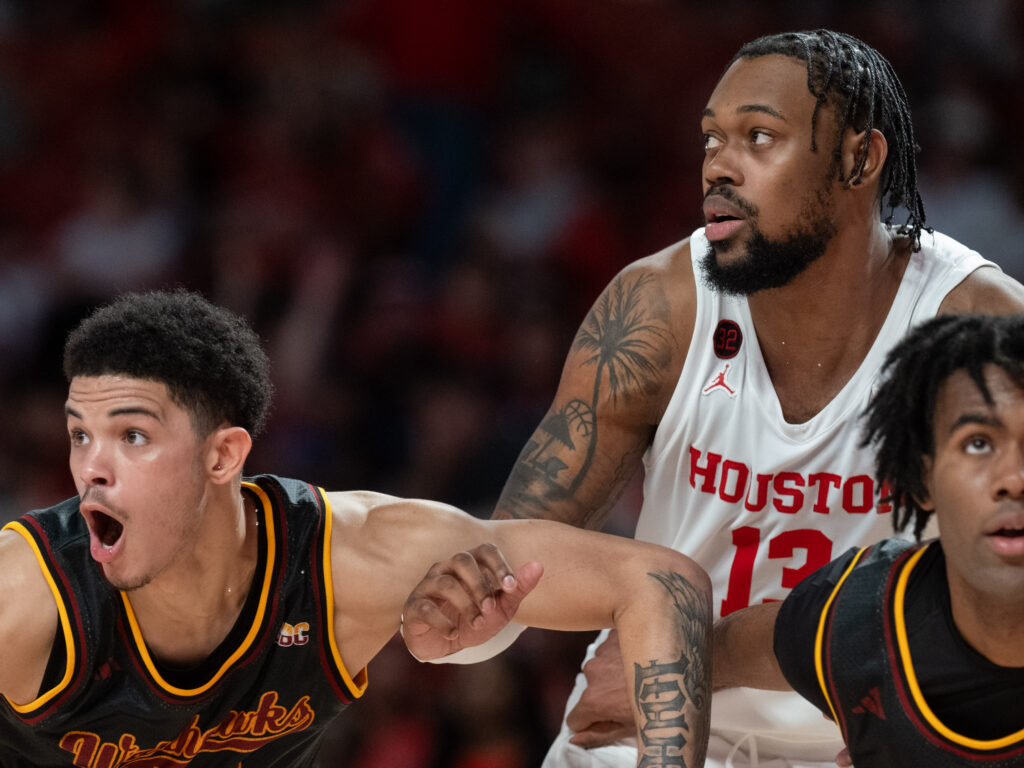 University of Houston forward J'Wan Roberts is always ready to fight for rebounding position. (Photo by F. Carter Smith)