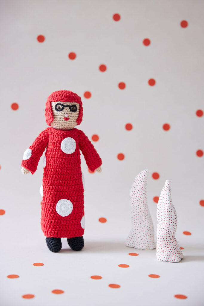 This crochet Yayoi Kusama doll features the signature polk dot motif which appears in much of Kusama's art. Designed by Global Affairs in The Netherlands, the doll is gift wrapped in a cotton bag. $39.95. (Courtesy Museum of Fine Arts Houston Gift Shop)