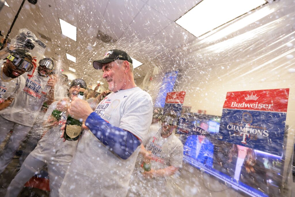 Bruce Bochy proved he's one of the greatest managers of all time, winning a title (his fourth) with the Texas Rangers. (@rangers)