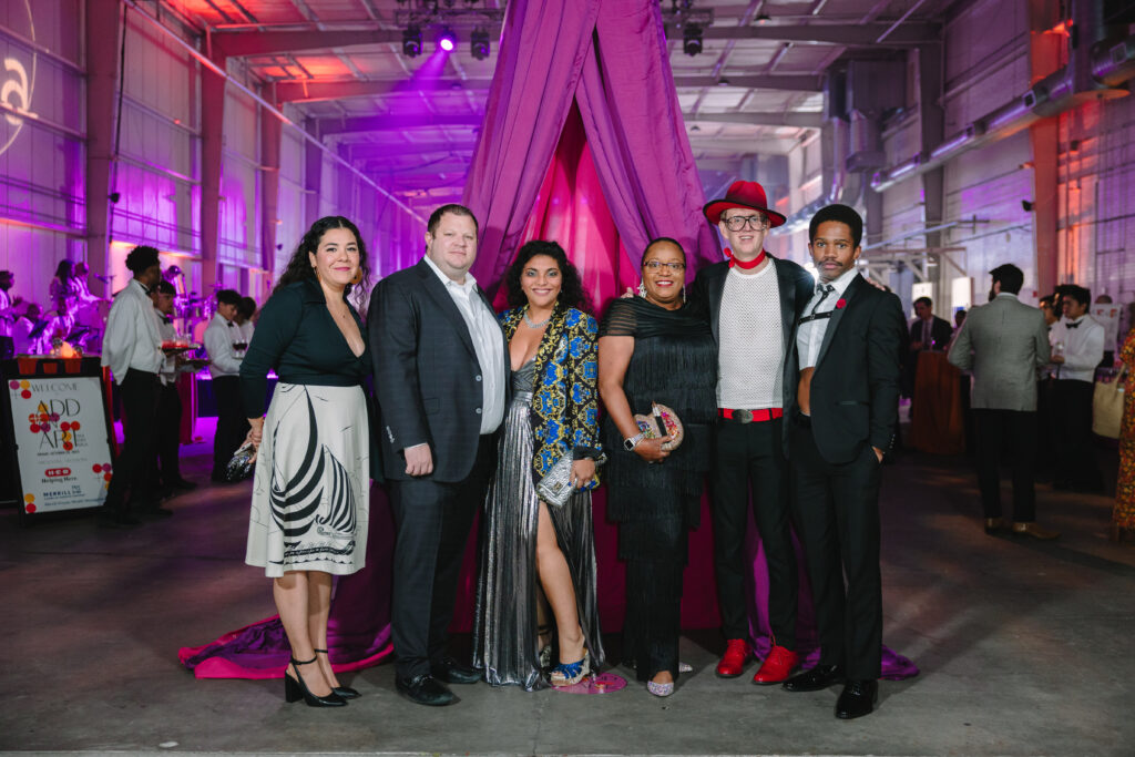 Grace Zuñiga, Chris Folmsbee, featured artist Janavi Mahimtura Folmsbee, Melanie Brown, Alton DuLaney and Antonio Orozco at Houston Arts Alliance Add On Art Gala. (Photo by Johnny Than)