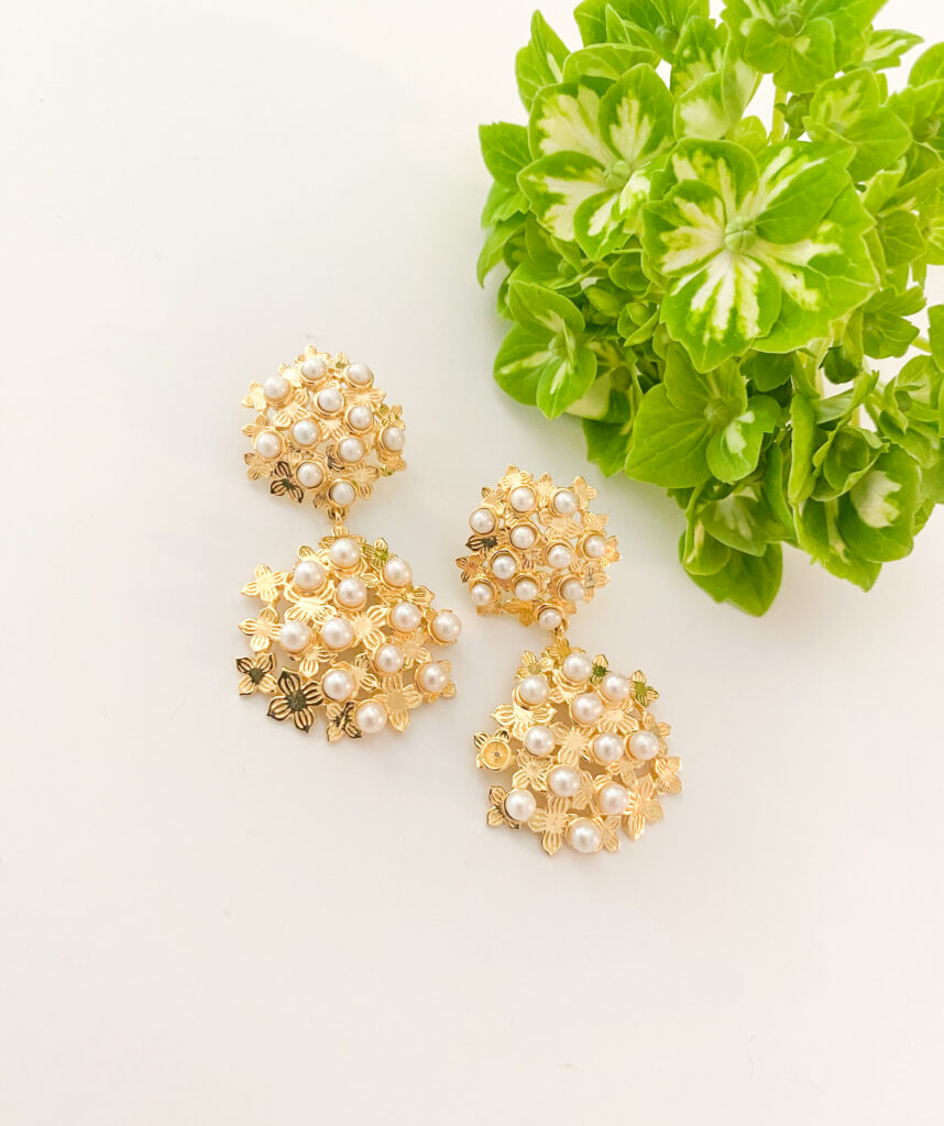 Donohue Collection Jardin Hydrangea pearl drop earrings.