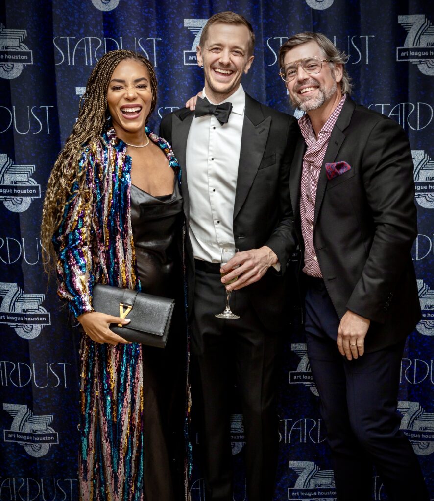 Celeste Edwards, Garrett Busch, James Devlin at Art League Houston’s 75th Anniversary Gala (Photo by Alex Barber and Laura Burlton)