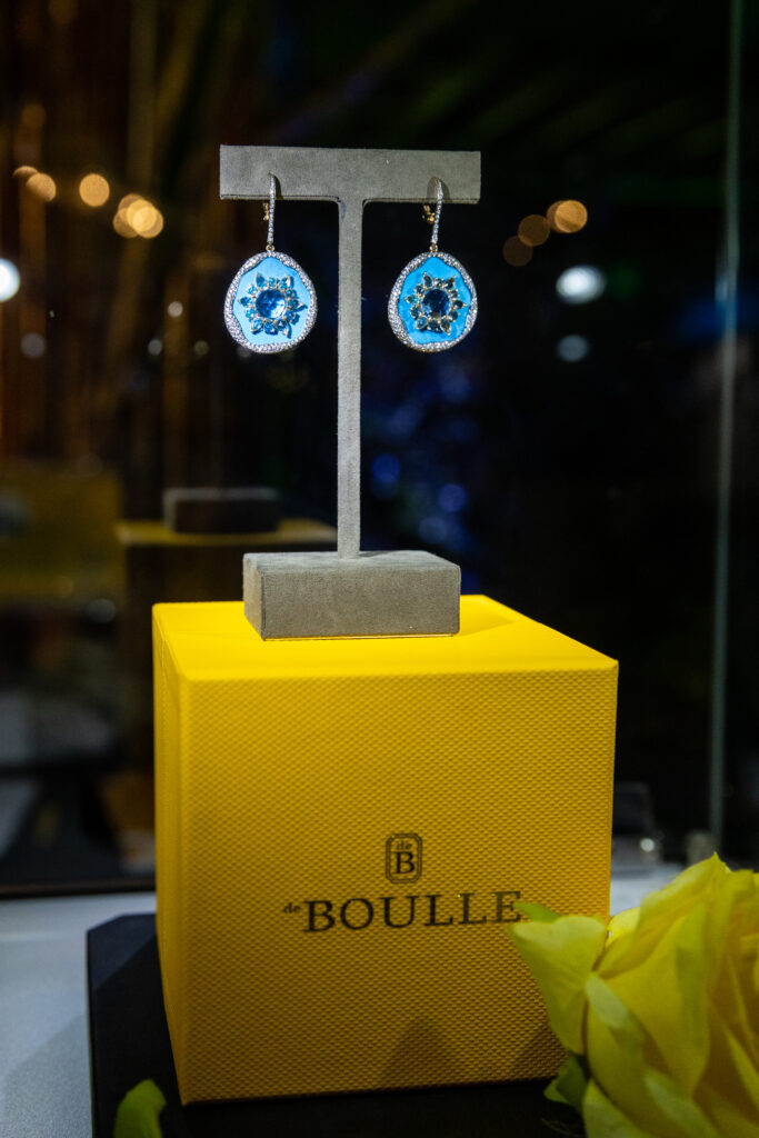 deBoulle Diamond & Jewelry raffle treasure, a coveted pair of 18K yellow gold, turquoise, blue topaz, and diamond earrings at Orange Show Gala Where the Wild Things ART (Photo by Emily Jaschke and David DeHoyos)