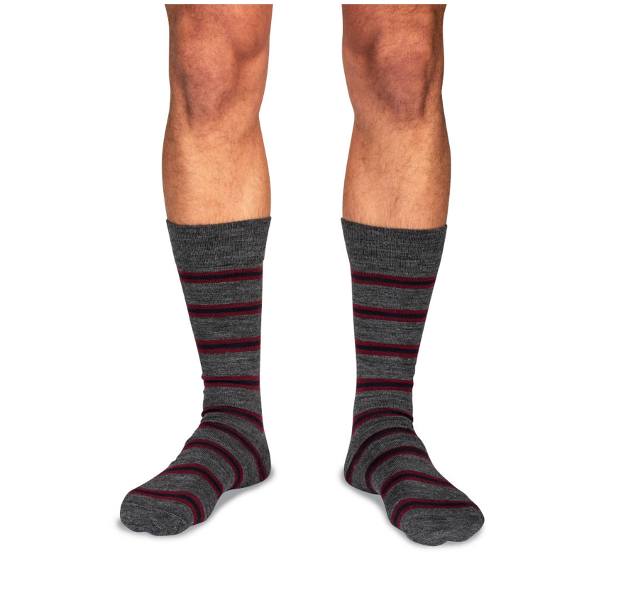 Boardroom Socks burgundy and navy striped merino wool dress socks, $16.95, available at Boardroomsocks.com