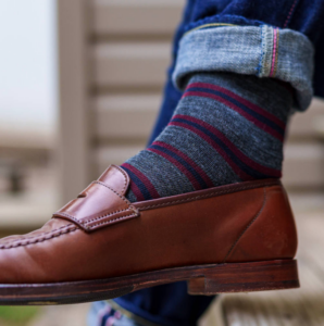 Boardroom Socks burgundy and navy striped merino wool dress socks, $16.95, available at Boardroomsocks.com