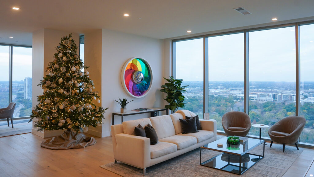 The living room of The Dunlavy floor plan in Residences at The Allen on tour at the luxe property's grand opening.  (Photography by Robert Taylor V)