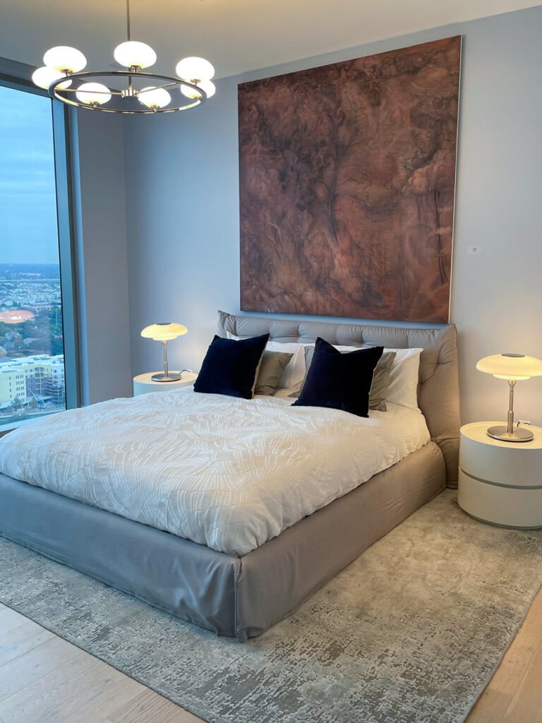 The primary bedroom in The Dunlavy floor plan in Residences at The Allen on tour at the luxe property's grand opening.  (Photography by Robert Taylor V)