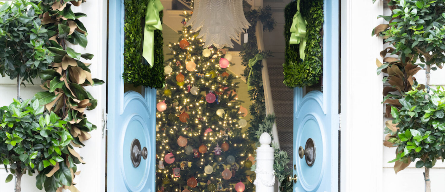 224 Blue Print’s signature blue doors decorated for the holidays