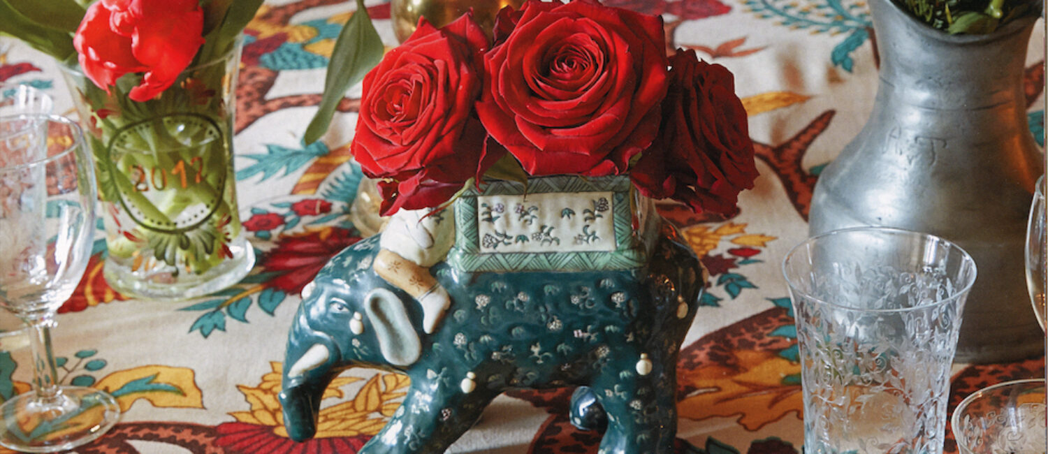 Michelle Nussbaumer’s table in Gstaad, photograph Melanie Acevedo for Nussbaumer’s book, "Wanderlust: Interiors that Bring the World Home."