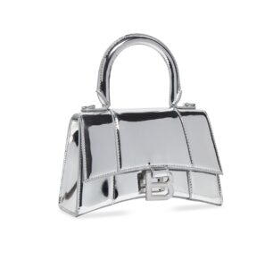 Bags – Balenciaga hourglass mirrored silver handbag with B logo.