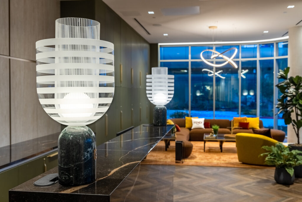 Fendi Casa Dame lamps in the lobby of Residences at The Allen. (Photo by Shannon O’Hara Photography)