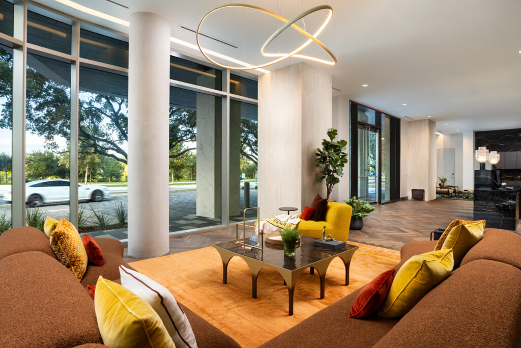 Fendi Casa Metropolis coffee table in the lobby of Residences at The Allen. Decor by BeDesign.  (Photo by Shannon O’Hara Photography)