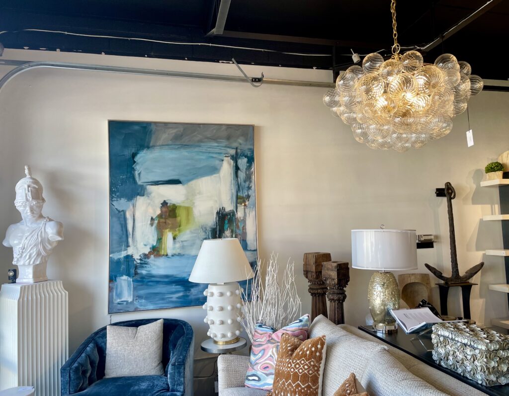 A dramatic bubble chandelier tops this vignetter at Haus of Blaylock.