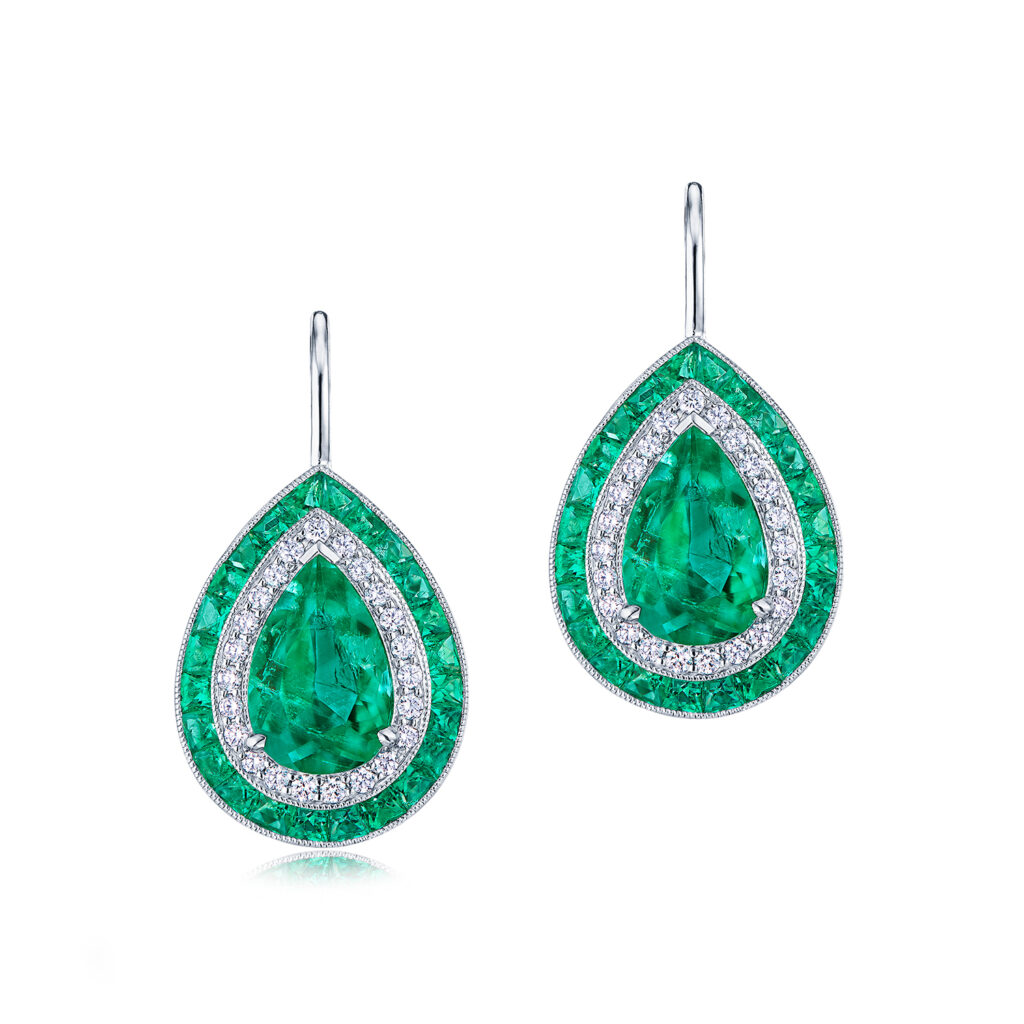 For those who are green with envy, the Kwiat exquisite platinum and Colombian pear drop earrings with diamond and emerald halos are no-brainers. 