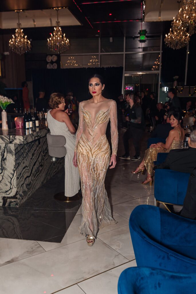 Model on the catwalk at the 50th anniversary celebration of the fashion Battle of Versailles.  (Photo by Torry Sledge)