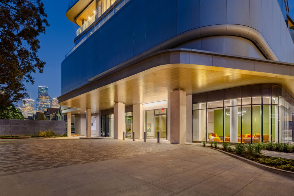 The entry to Residences at The Allen was lighted up recently for the luxe residential property grand opening. (Shannon O’Hara Photography