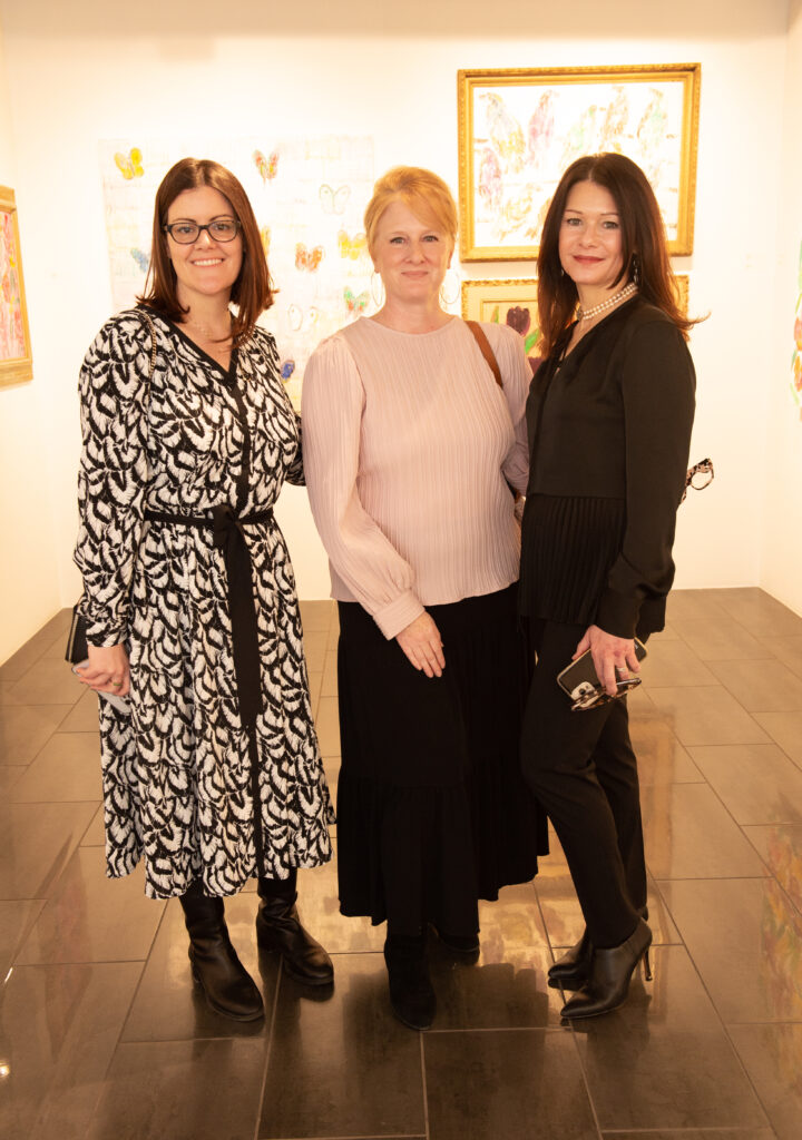 Alyssa Heath, Bonnie Welch, Kim Markham at Laura Rathe Fine Art's "Hunt Slonem: Hare Salon" (Photo by George Fiala)