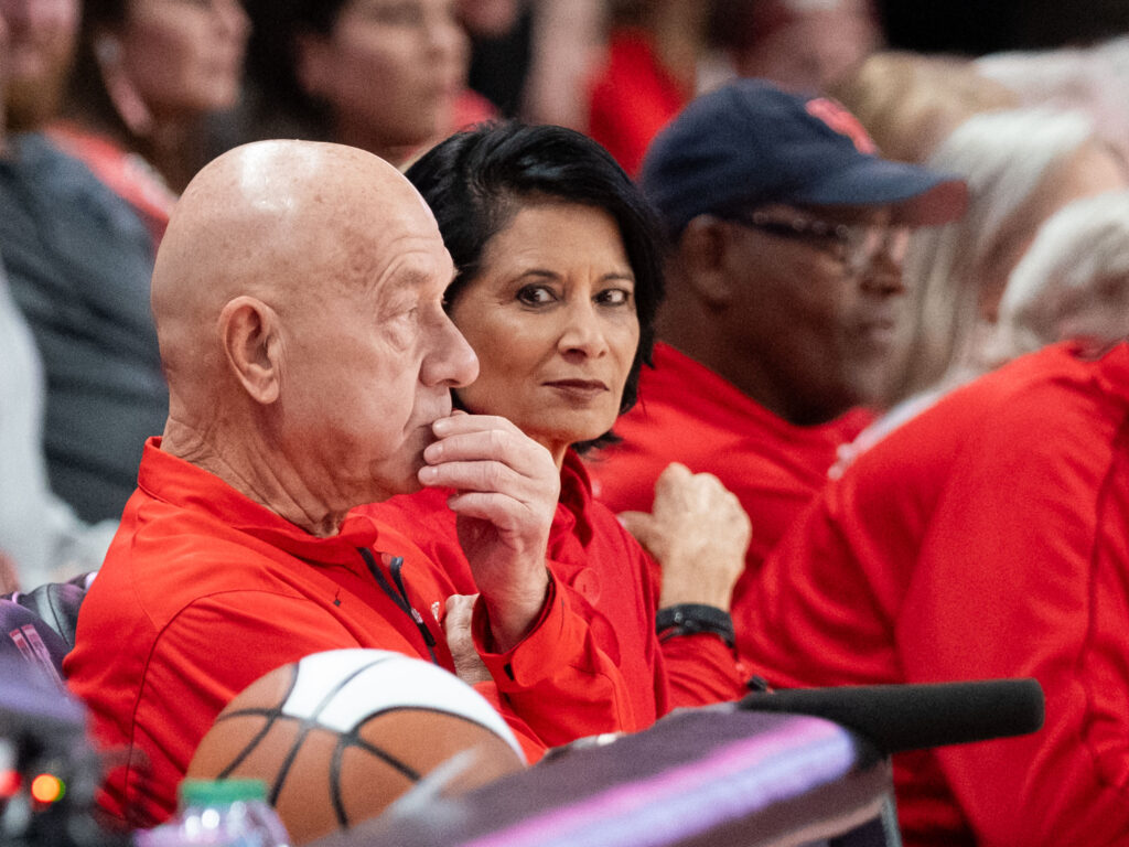 University of Houston president Renu Khator sat next to new Houston Mayor John Whitmire at the Big 12 basketball opener. (Photo by F. Carter Smith)